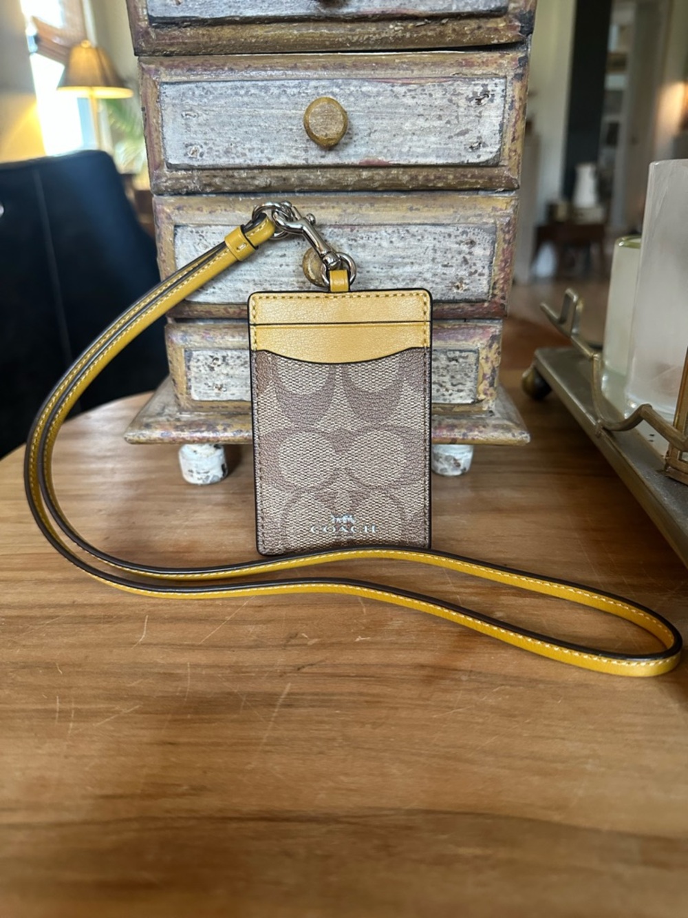 Coach mustard yellow/brown Signature Canvas ID Badge Holder  Lanyard